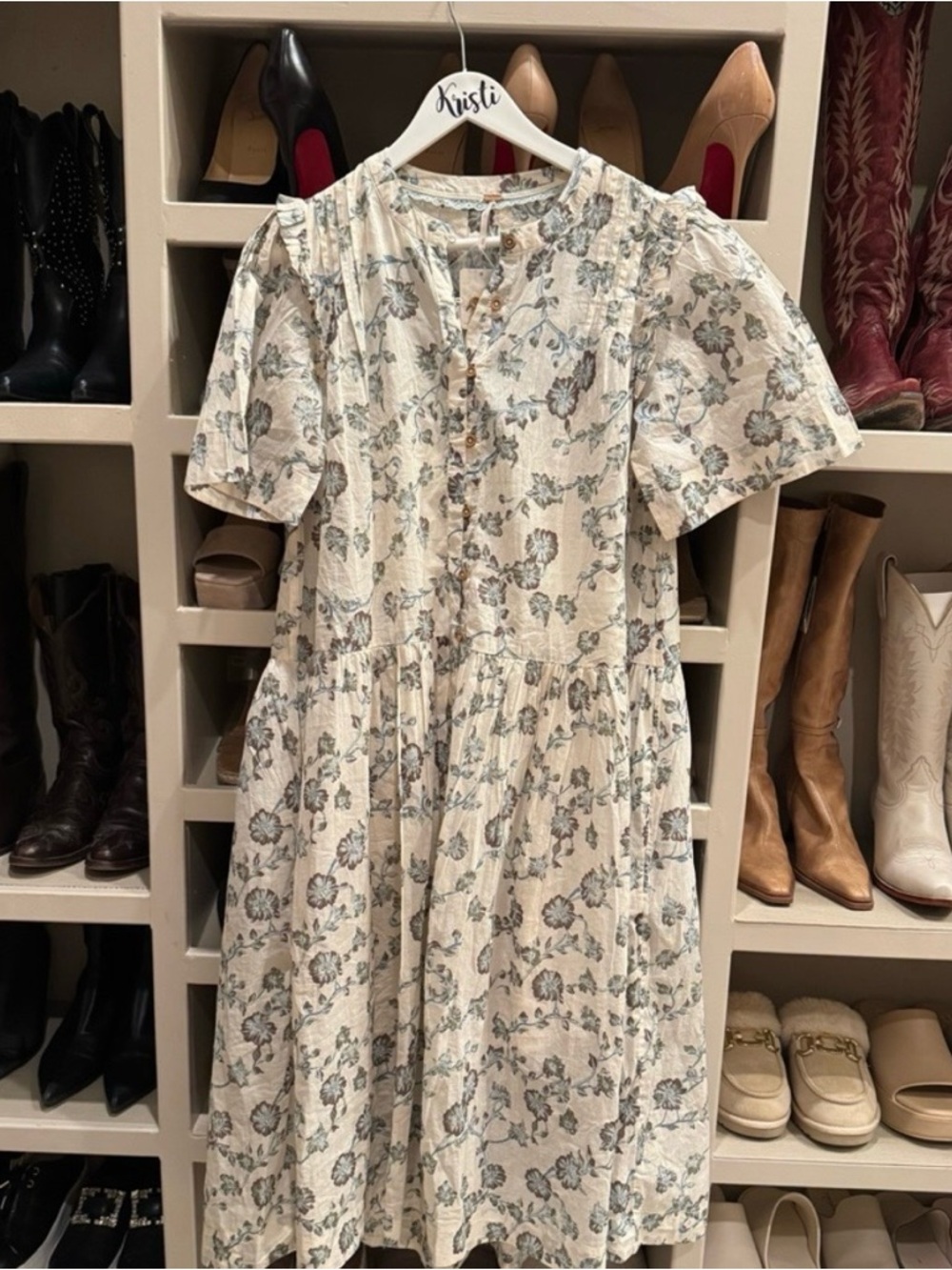 NWT Free People Floral Button-Front Midi Dress in Cream and Sage